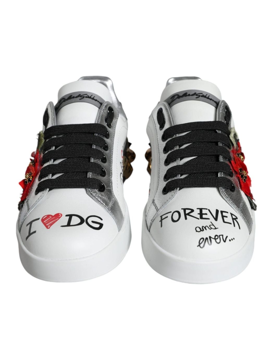 Dolce & Gabbana Black Leather Floral Studded Sneakers Shoes