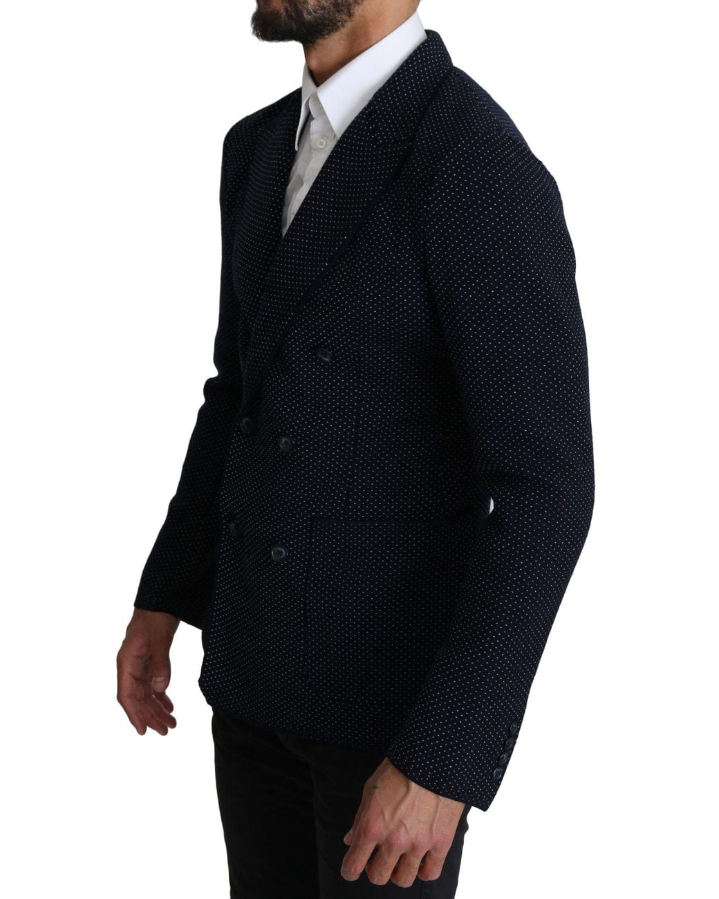Dolce & Gabbana Blue Dark Dotted Double Breasted Coat Blazer for men
