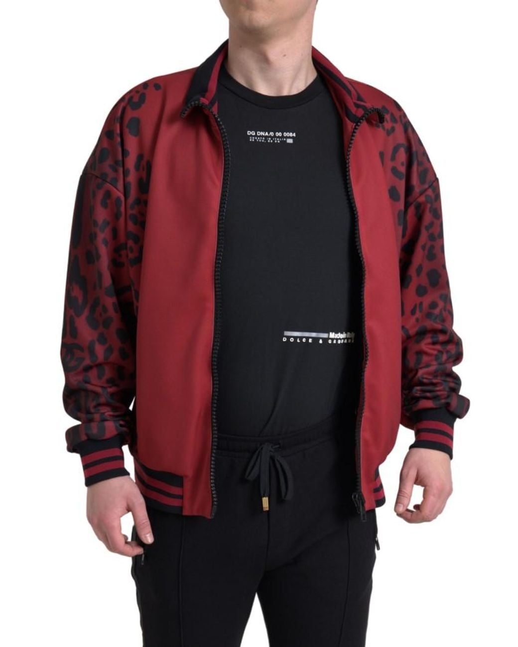 Dolce & Gabbana Red Leopard Polyester Bomber Full Zip Jacket for men
