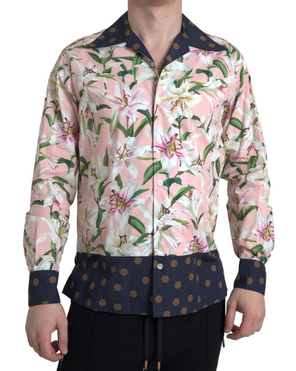 Dolce & Gabbana Pink Cotton Polka Dot Lily Print Collared Shirt for men