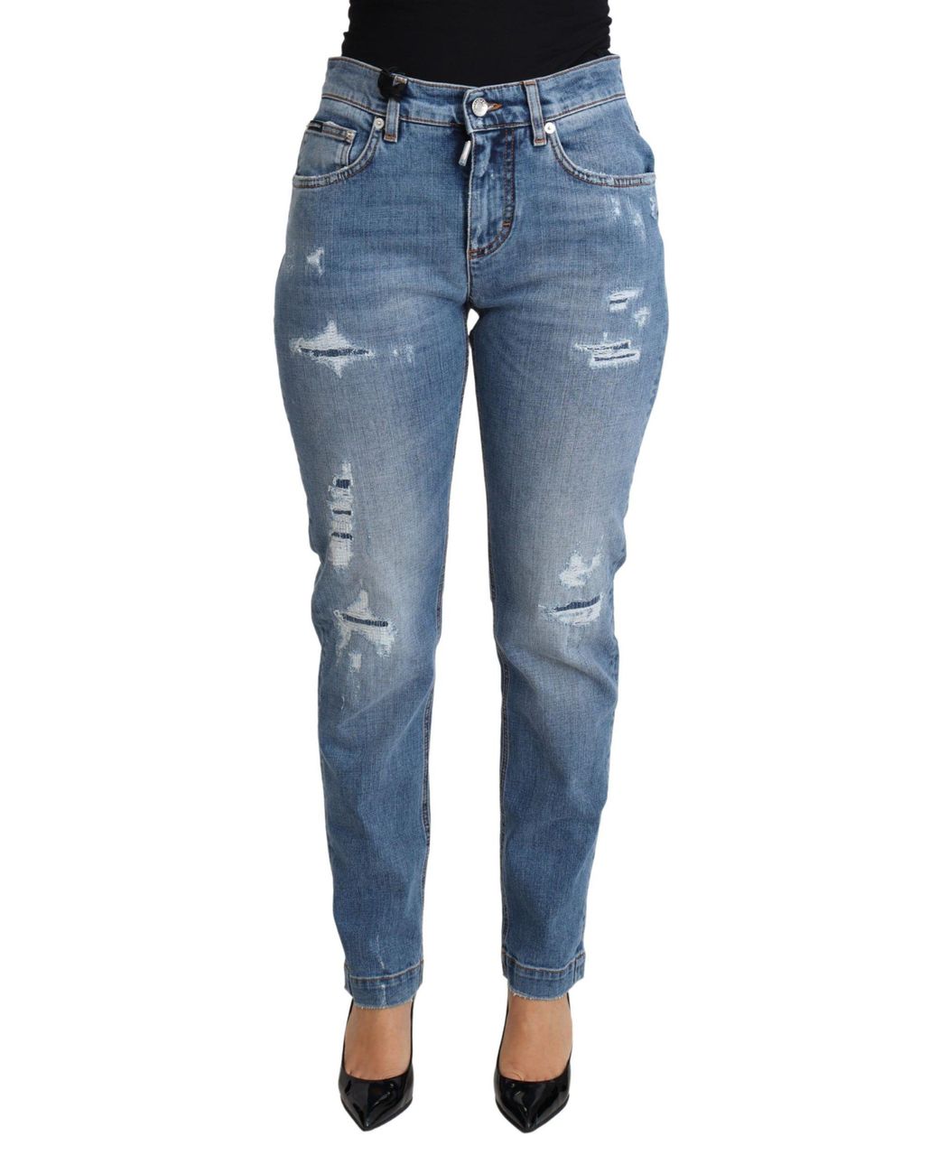 Dolce & Gabbana Blue Tattered Skinny Denim Cotton Blend Jeans