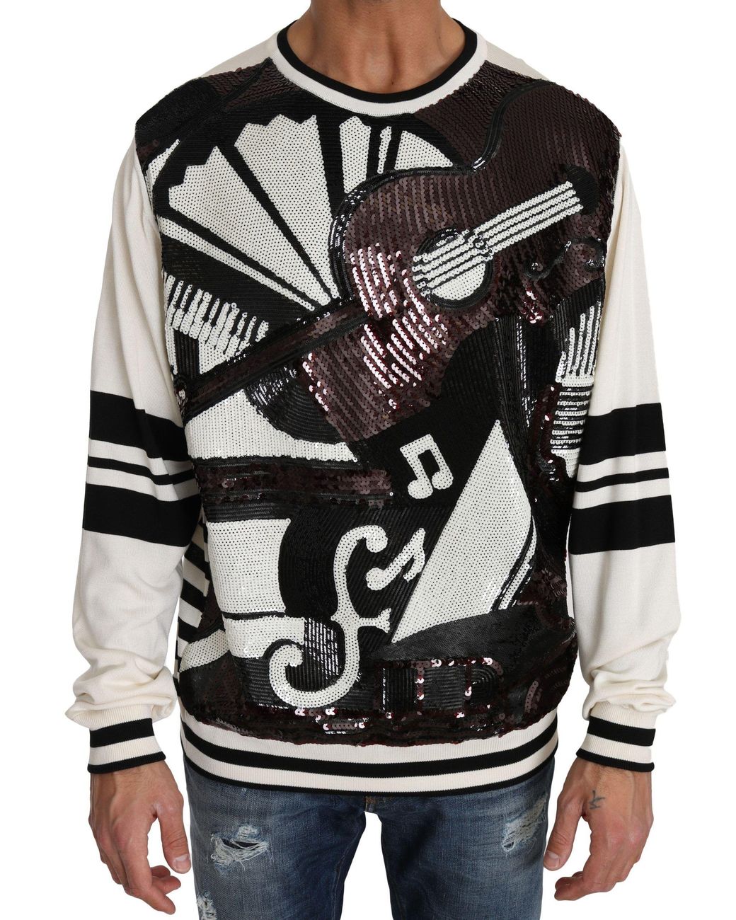 Dolce & Gabbana Black Jazz Sequined Guitar Pullover Top Sweater for men
