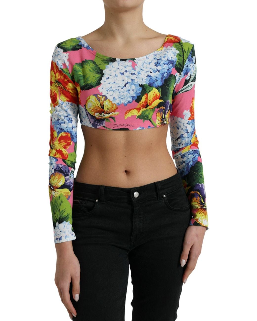 Dolce & Gabbana Black Floral Long Sleeves Cropped Top