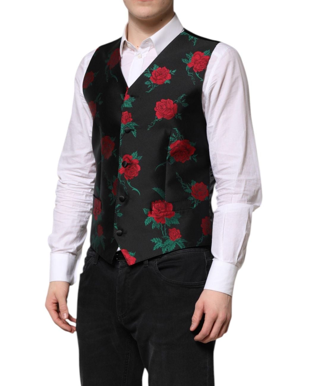 Dolce & Gabbana Black Floral Brocade Formal Waistcoat Vest for men