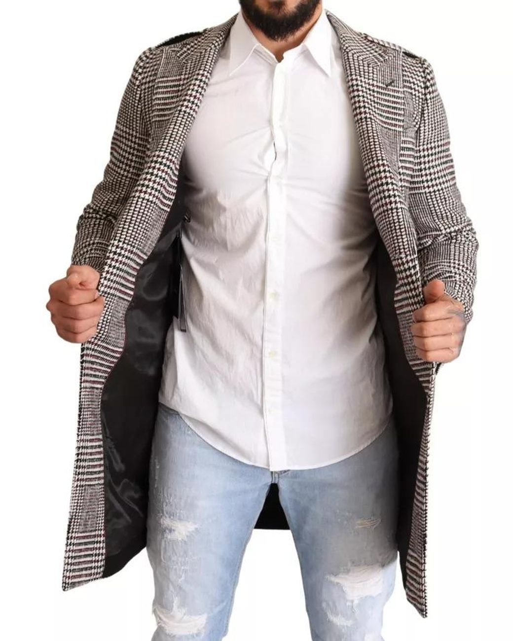 Dolce & Gabbana Black Glen Plaid Wool Coat Long Sleeve for men