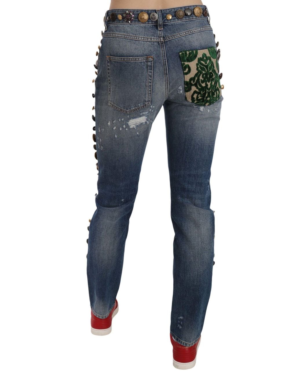 Dolce & Gabbana Blue Embellished Denim Pants With Distressed Details