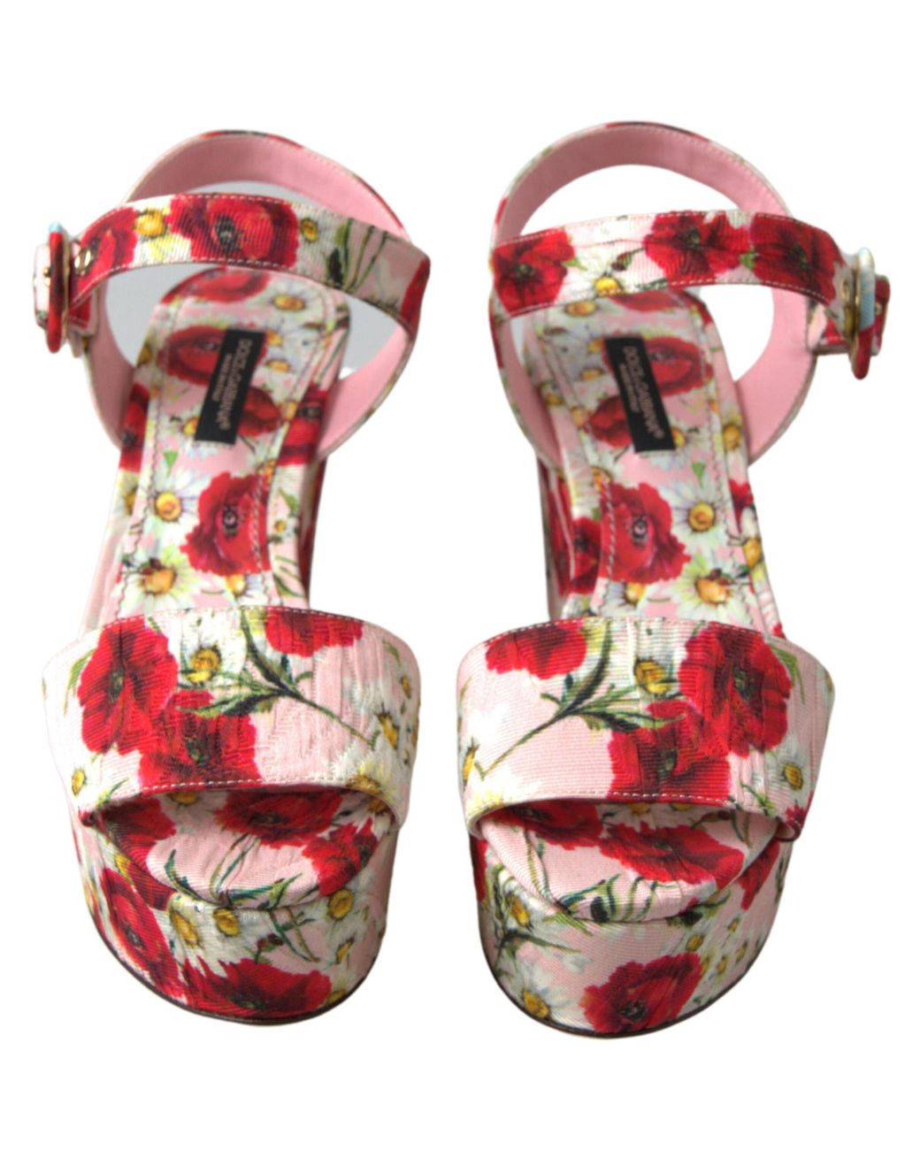 Dolce & Gabbana Black Floral Print Wedges Ankle Strap Sandals Cotton