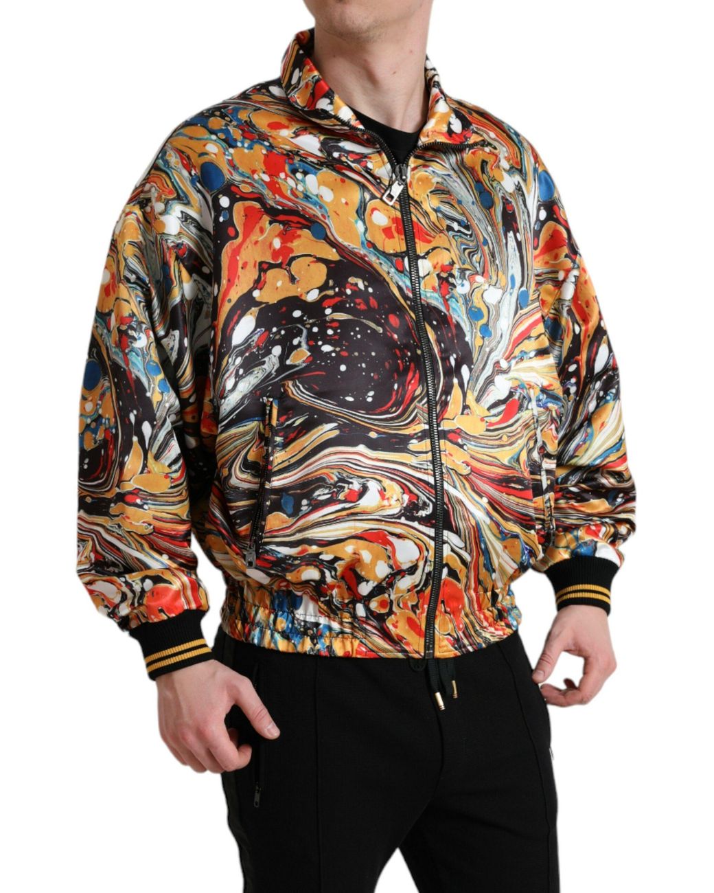 Dolce & Gabbana Black Abstract Polyester Bomber Jacket Clothing for men