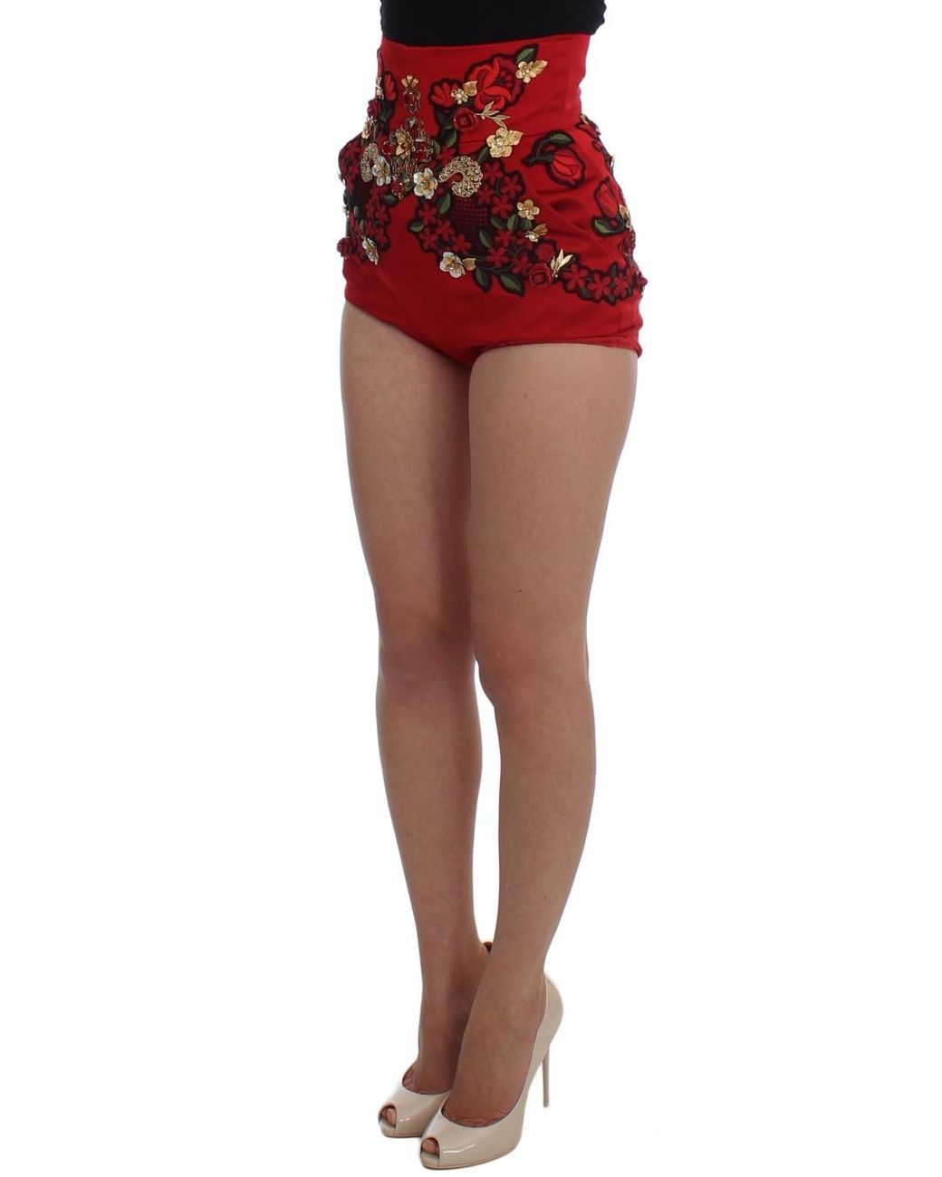 Dolce & Gabbana Red Silk Crystal Roses Shorts
