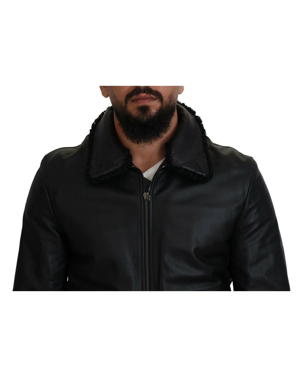 Dolce & Gabbana Black Lamb Leather Collared Coat Jacket for men