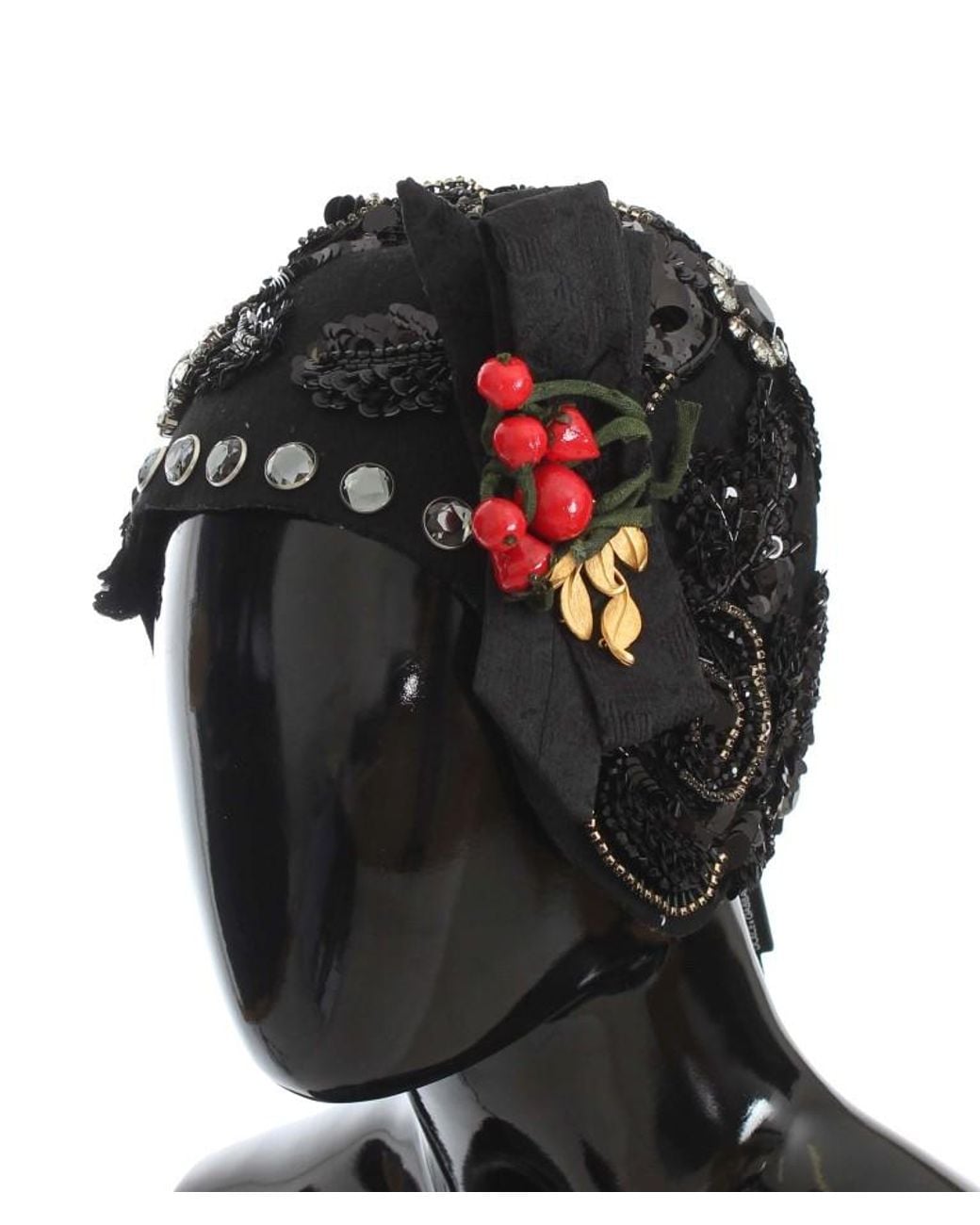 Dolce & Gabbana Black Crystal Cherries Brooch Hat