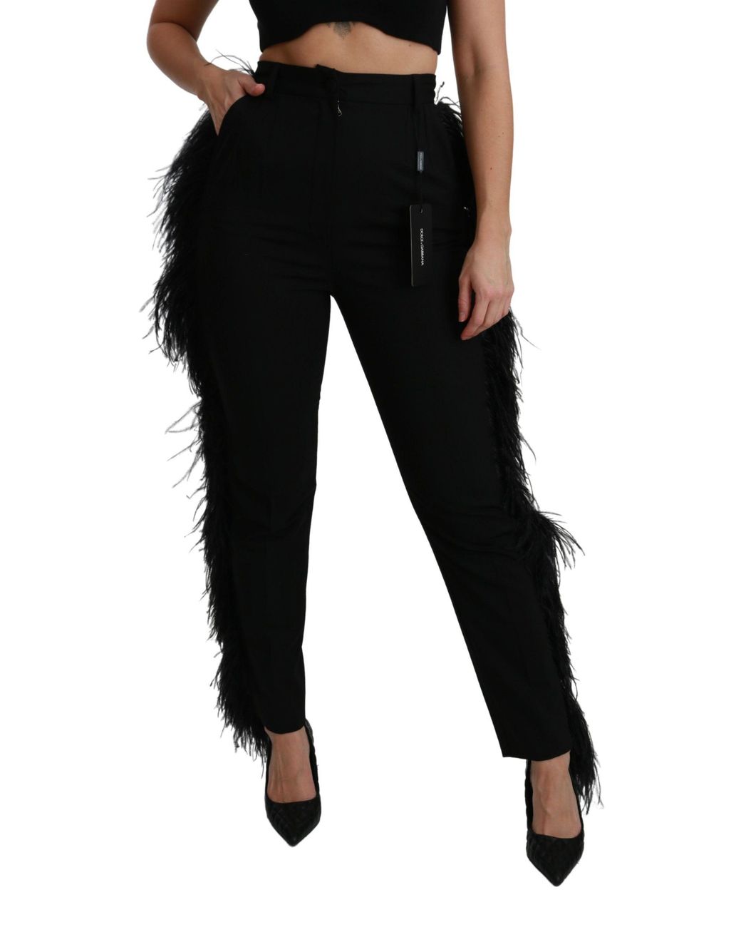 Dolce & Gabbana Black Feather Straight High Waist Wool Pants