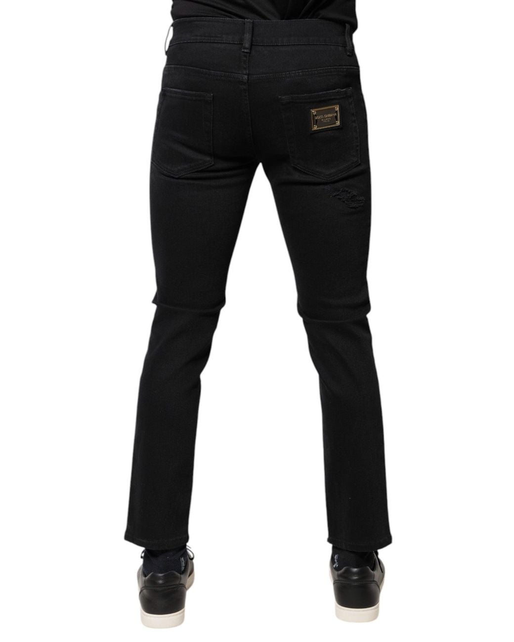 Dolce & Gabbana Black Cotton Tattered Skinny Denim Logo Jeans for men