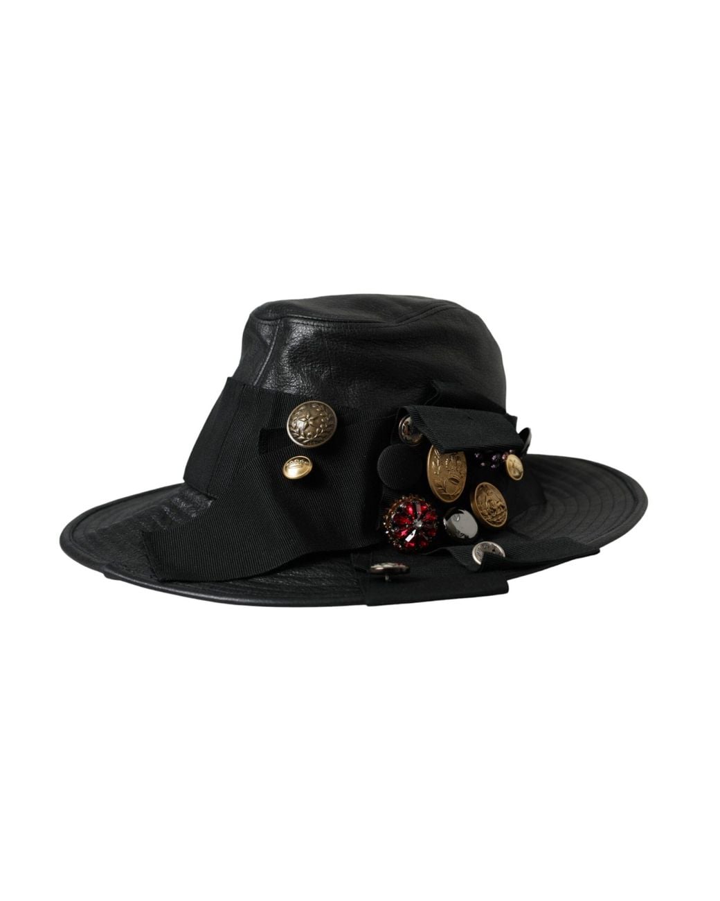 Dolce & Gabbana Black Leather Dg Coin Crystal Wide Brim Hat