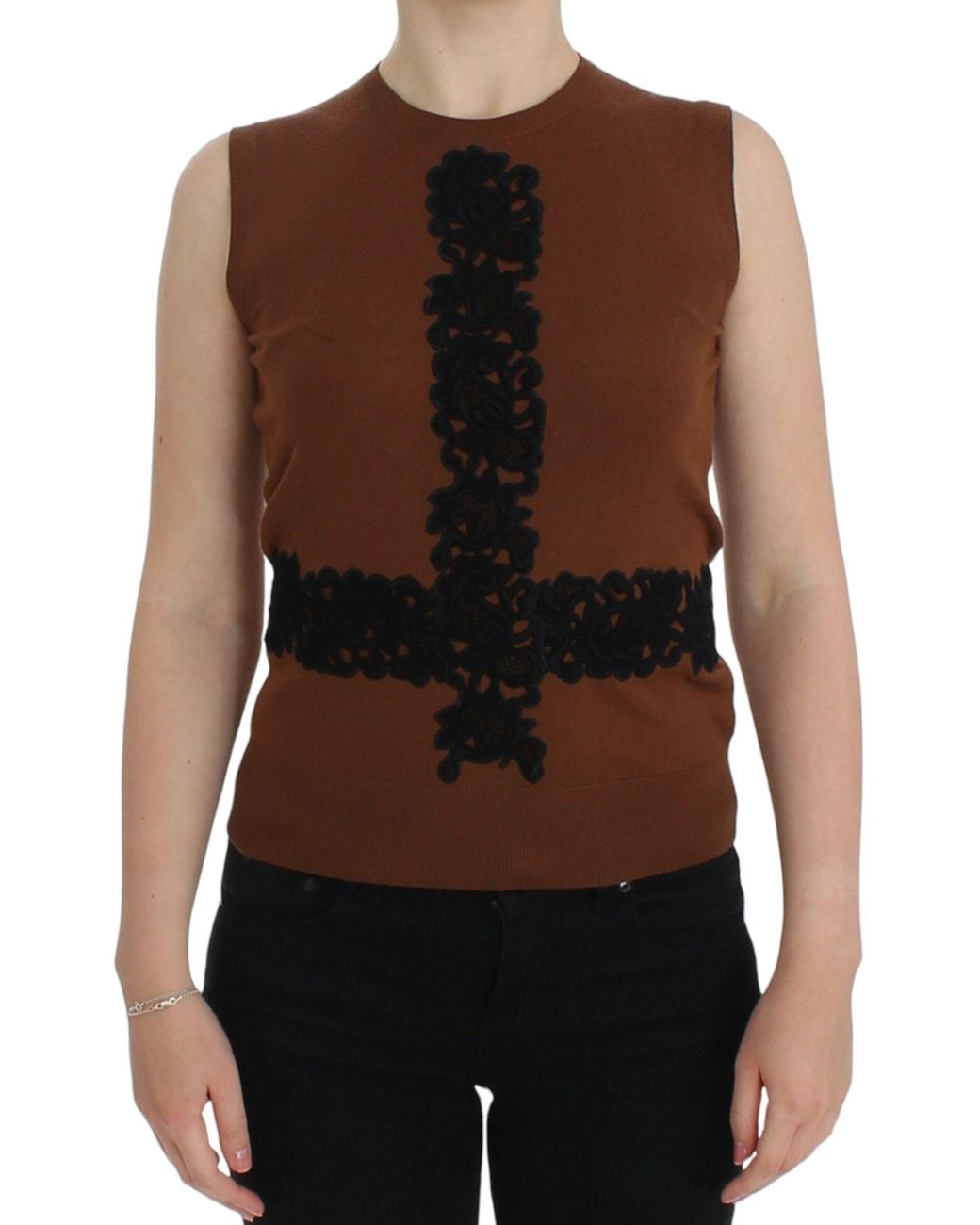 Dolce & Gabbana Brown Wool Lace Vest Sweater Top