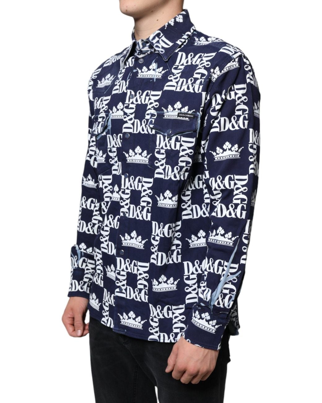 Dolce & Gabbana Blue Crown Logo Print Slim Fit Cotton Shirt for men