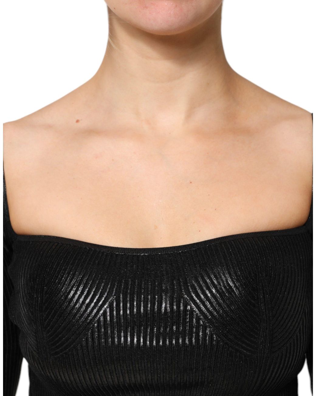 Dolce & Gabbana Black Square Neck Long Sleeve Ribbed Top