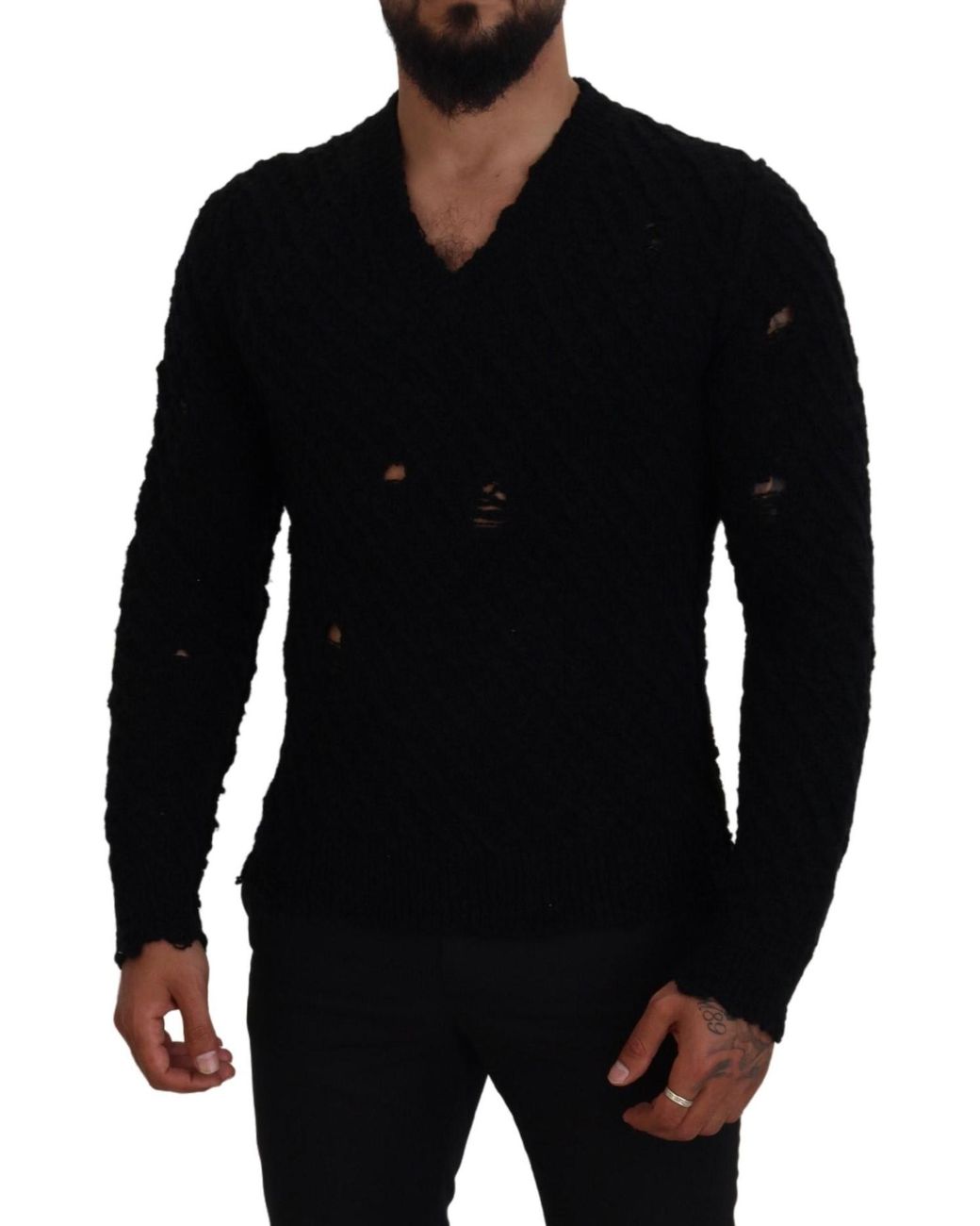 Dolce & Gabbana Black Wool V-Neck Knitted Pullover Sweater for men