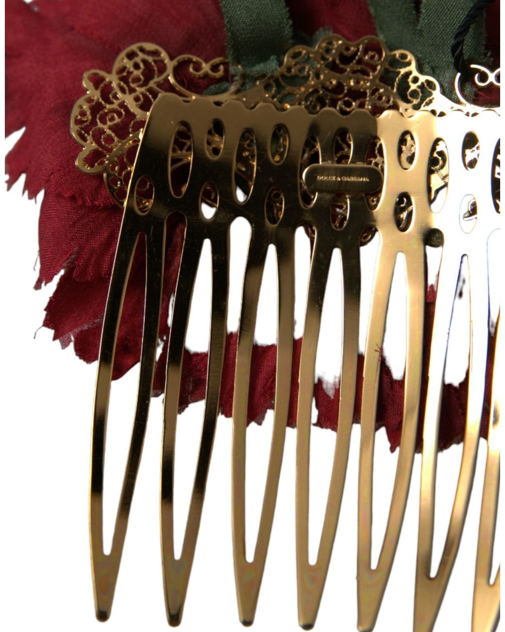 Dolce & Gabbana Red Silk Floral Brass Hair Comb