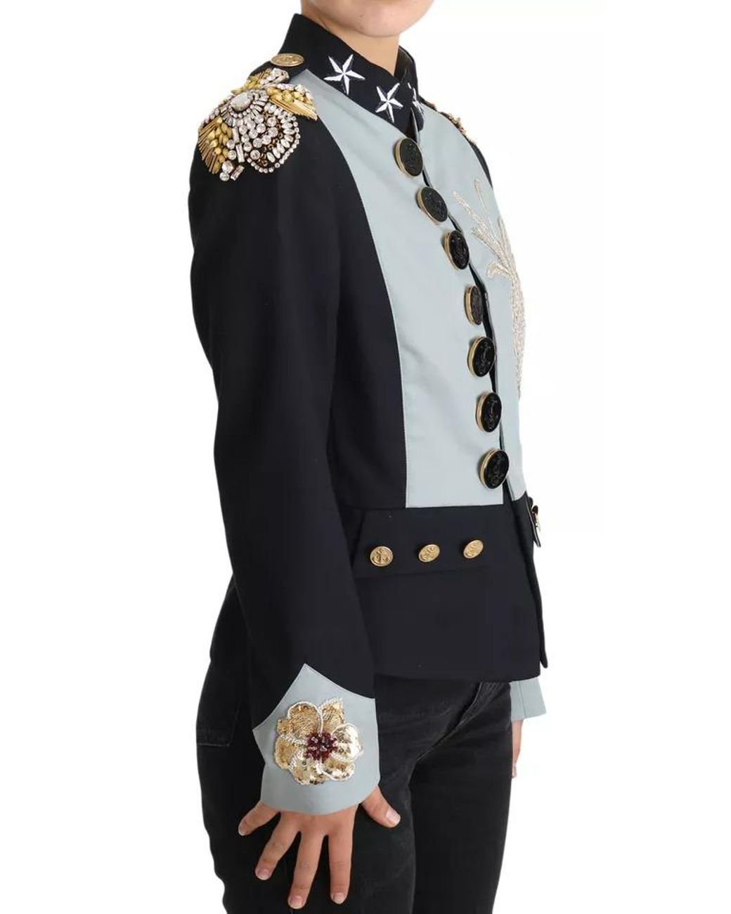 Dolce & Gabbana Black Blue Button Crystal Embellished Cotton Jacket