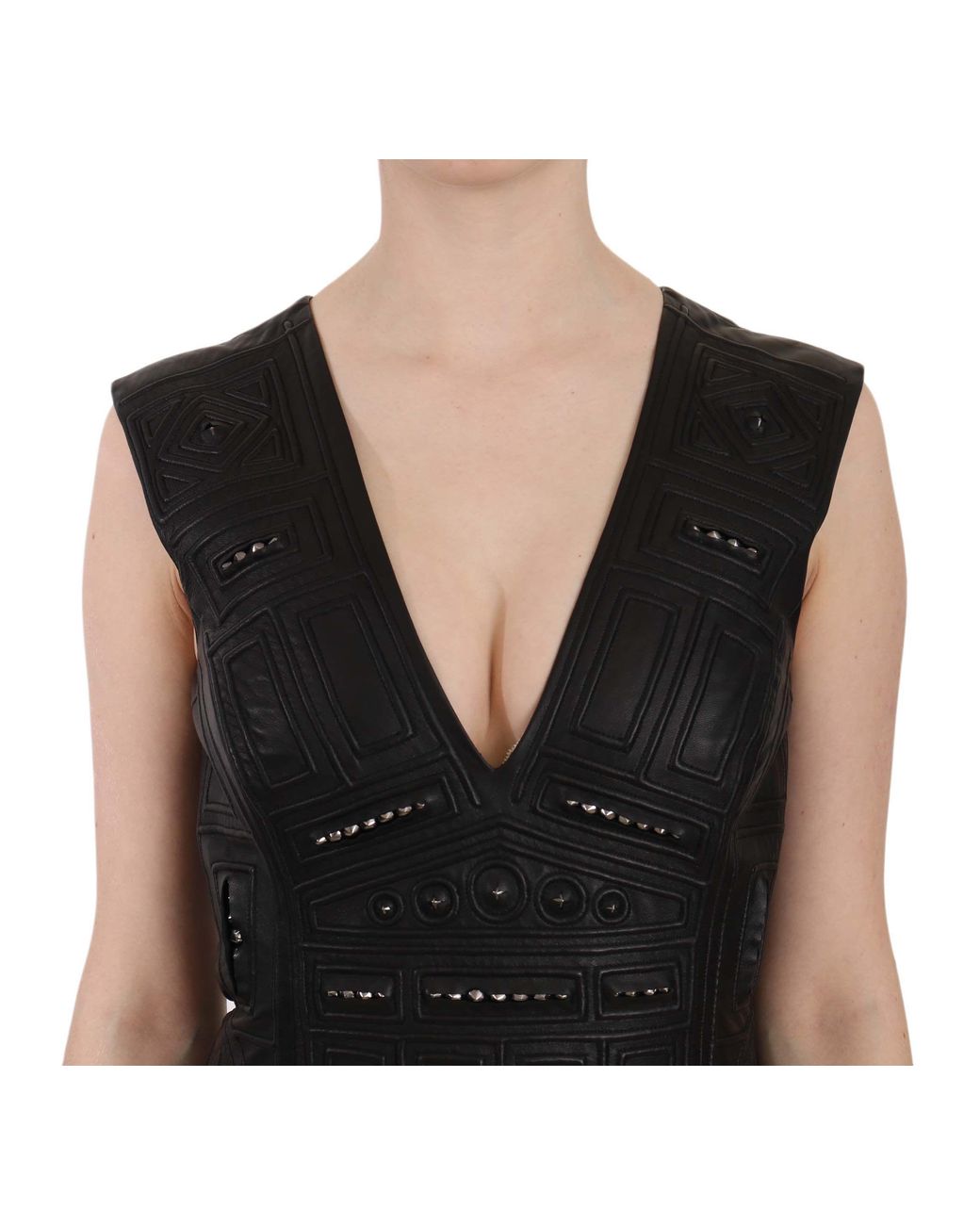 John Richmond Black Leather Studded Mini Shift Dress