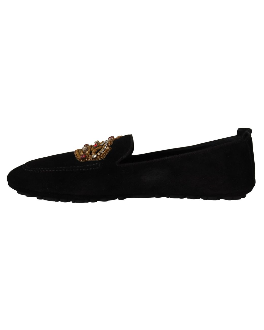 Dolce & Gabbana Black Dolce Gabbana Leather Crystal Gold Crown Loafers Shoes for men