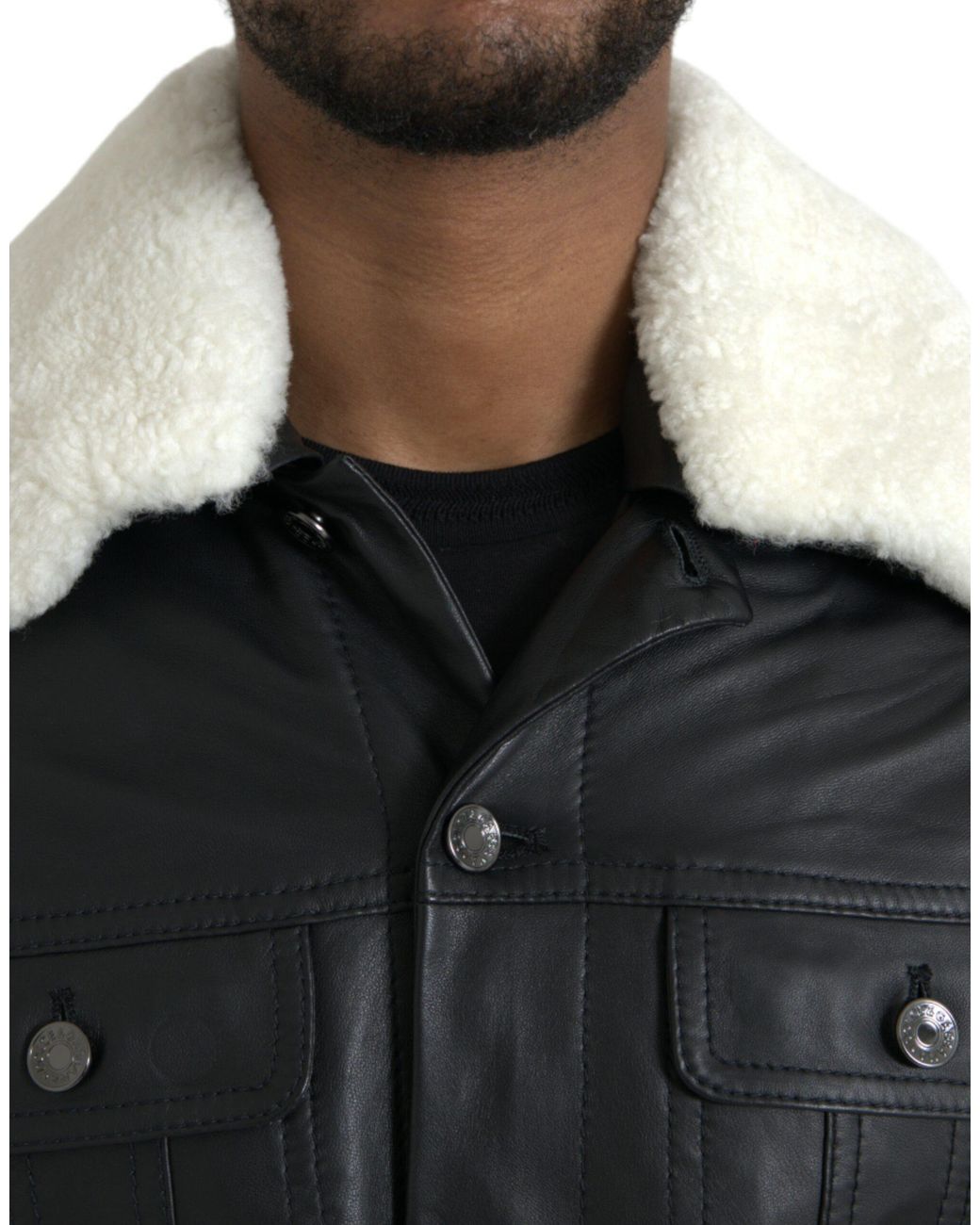 Dolce & Gabbana Black Leather Fur Collar Biker Coat Jacket for men