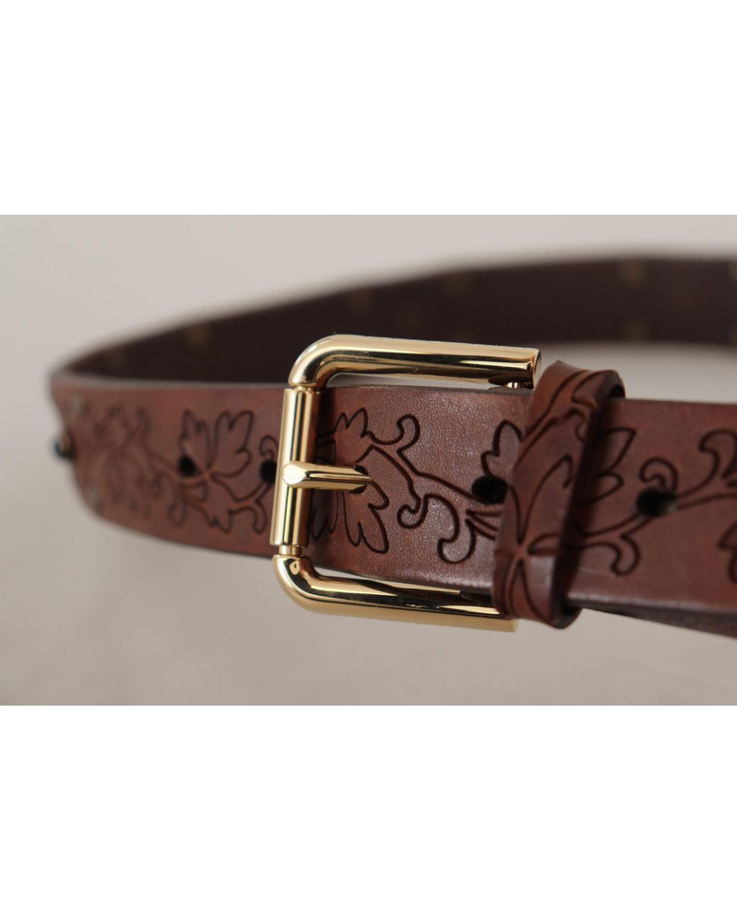 Dolce & Gabbana Brown Leather Floral Studded Metal Buckle Belt for men