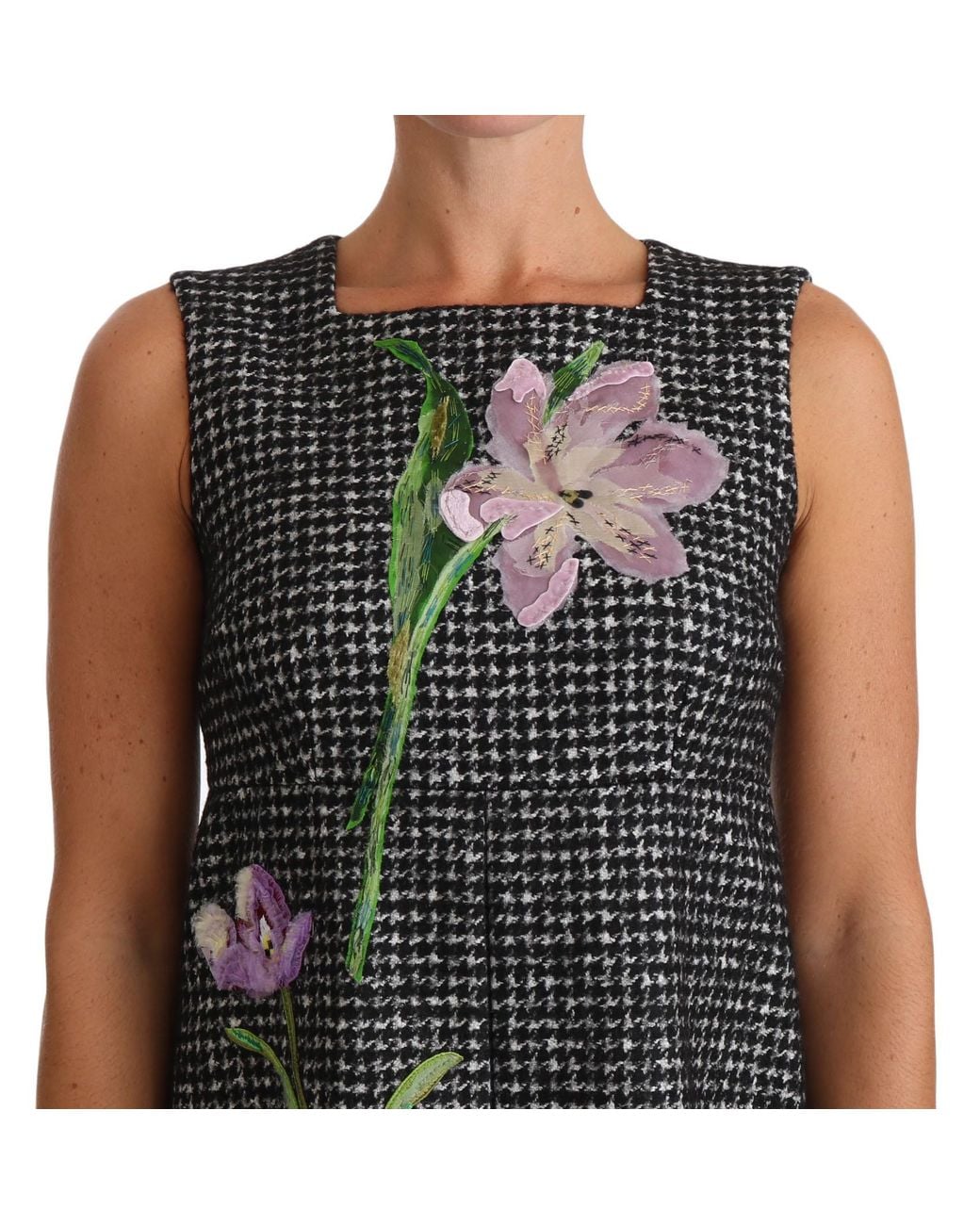 Dolce & Gabbana Black Houndstooth Floral Appliqué Shift Mini Dress