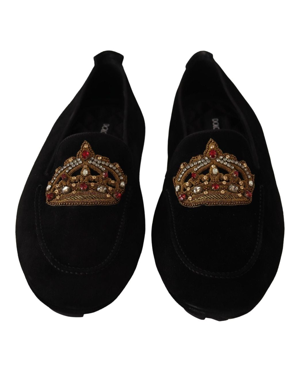 Dolce & Gabbana Black Dolce Gabbana Leather Crystal Gold Crown Loafers Shoes for men