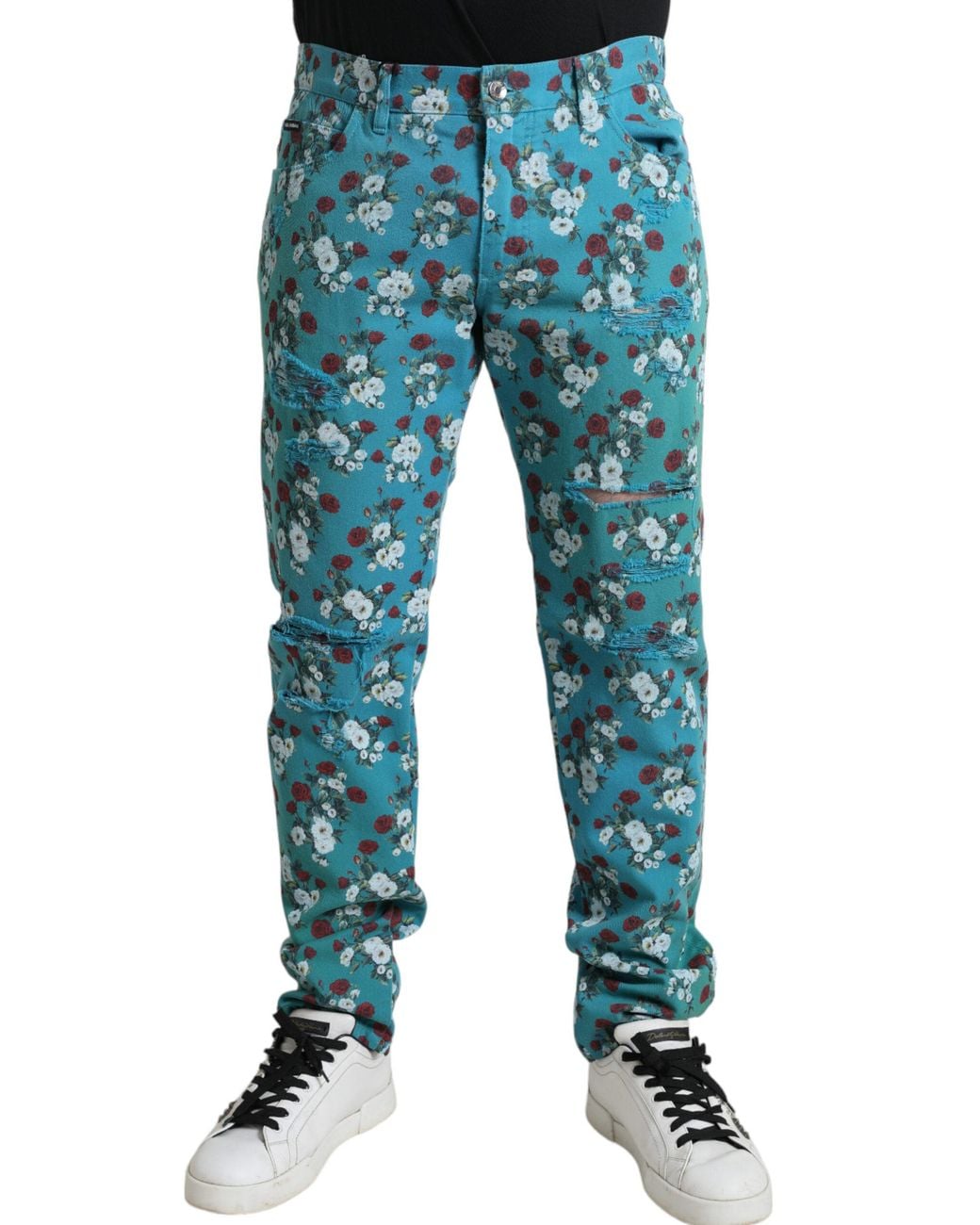 Dolce & Gabbana Blue Floral Print Skinny Cotton Denim Pants for men