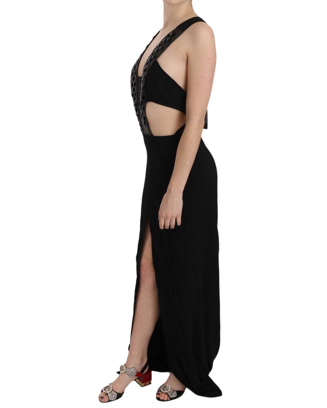 John Richmond Black Crystal Leather Gown Flare Dress