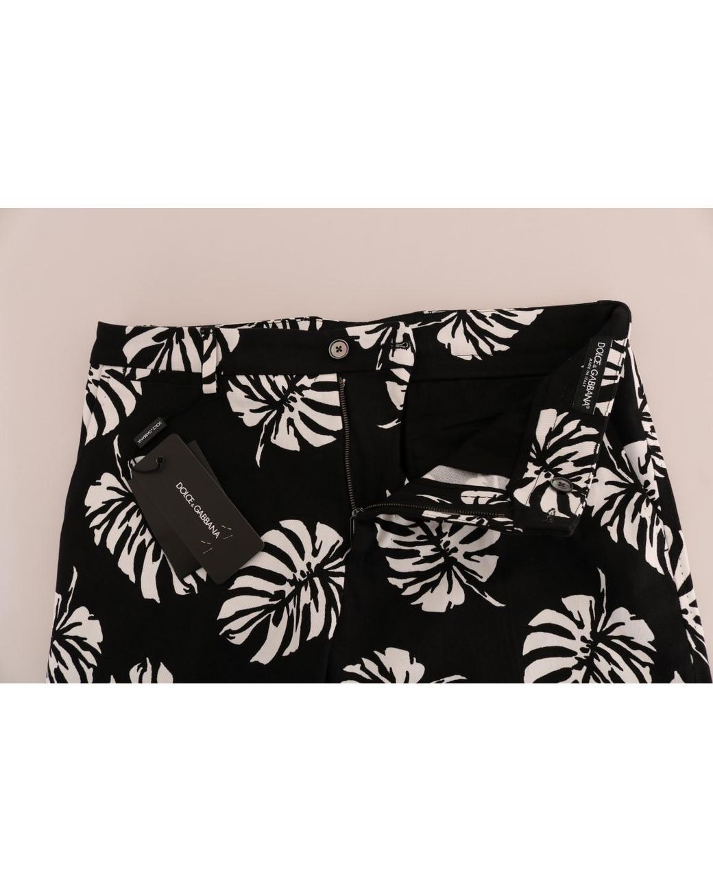 Dolce & Gabbana Dolce Gabbana White Black Leaf Cotton Stretch Slim Pants for men