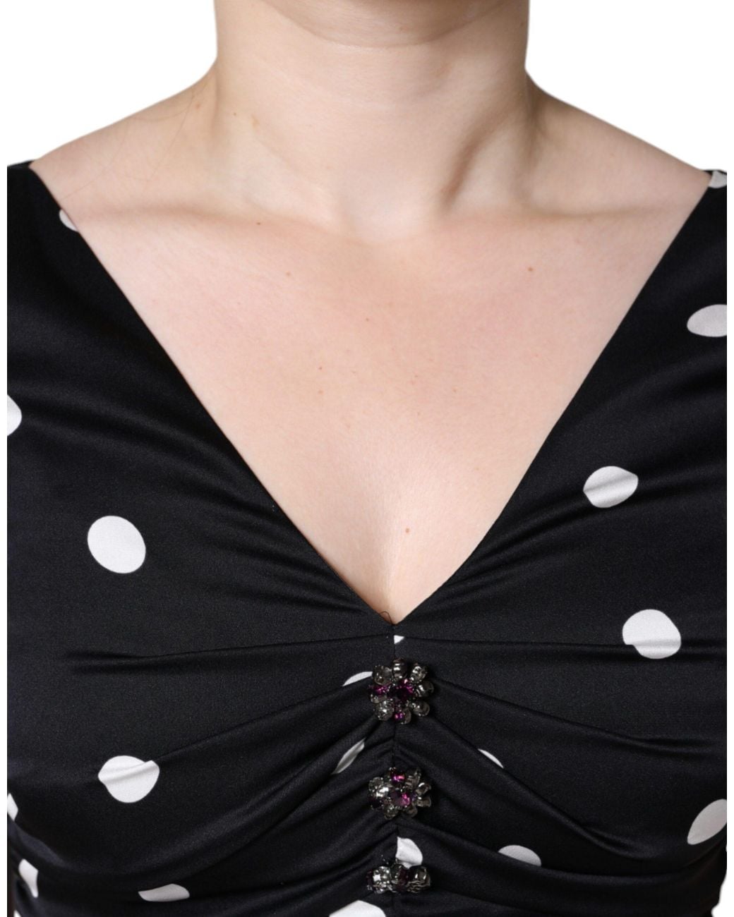 Dolce & Gabbana Black Silk Polka Dot Vneck Tassel Midi Dress