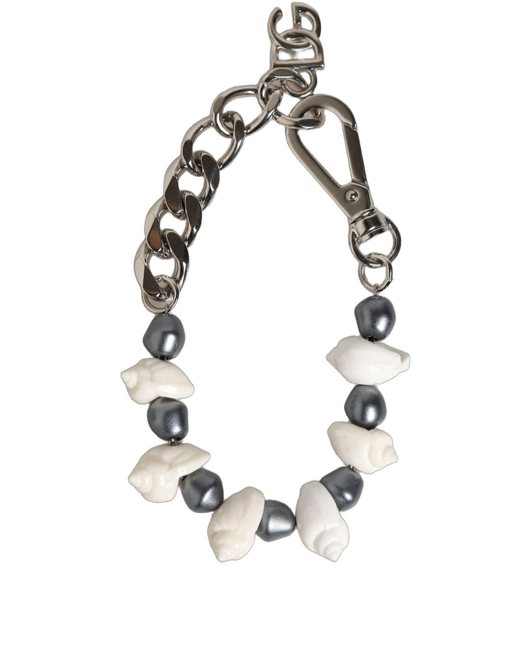Dolce & Gabbana White Silver Tone Brass Beaded Shell Dg Logo Pendant Bracelet