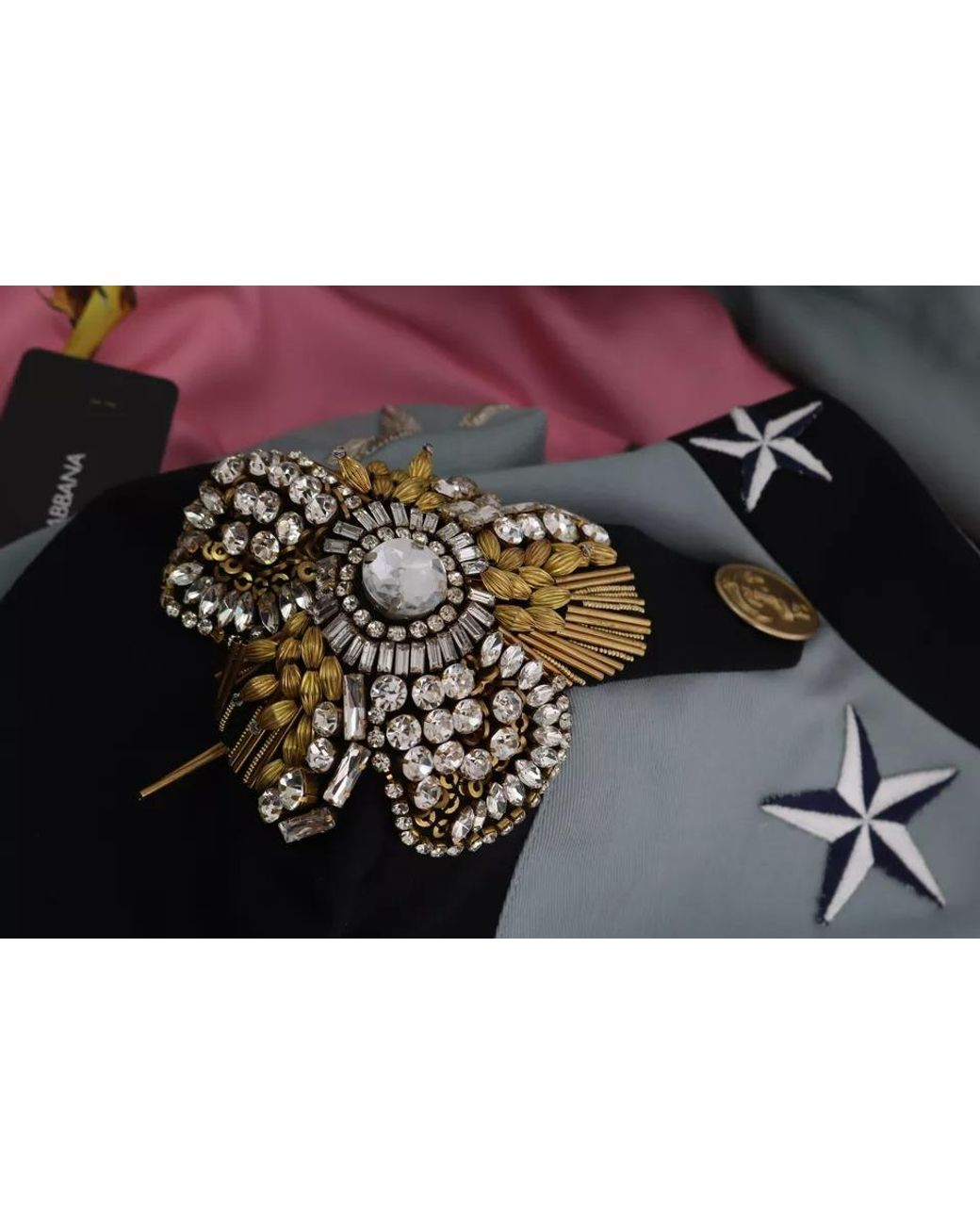 Dolce & Gabbana Black Blue Button Crystal Embellished Cotton Jacket