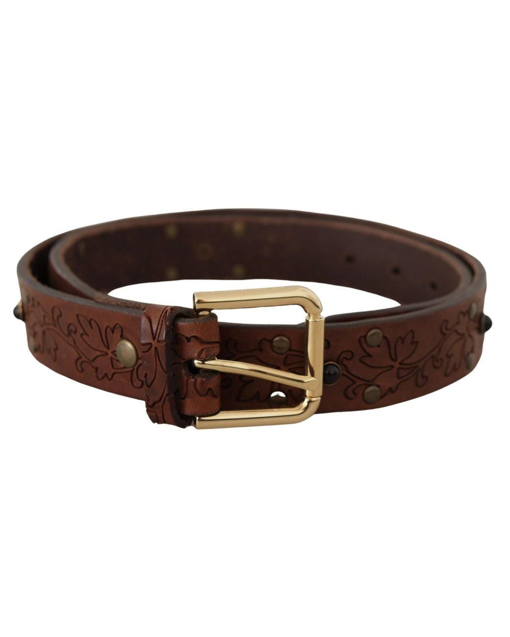 Dolce & Gabbana Brown Leather Floral Studded Metal Buckle Belt for men