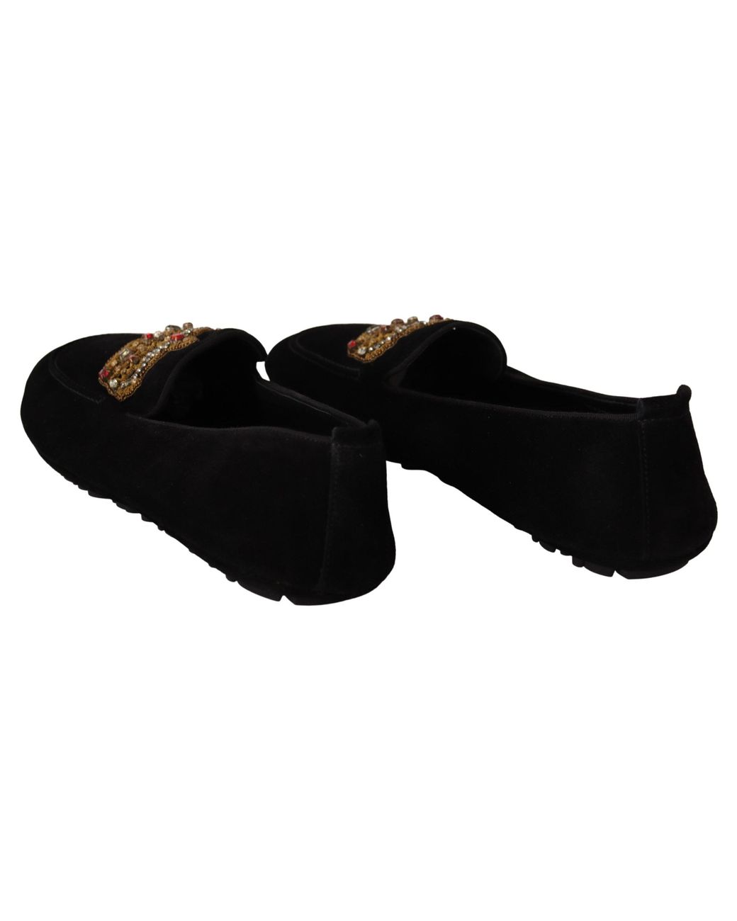 Dolce & Gabbana Black Dolce Gabbana Leather Crystal Gold Crown Loafers Shoes for men
