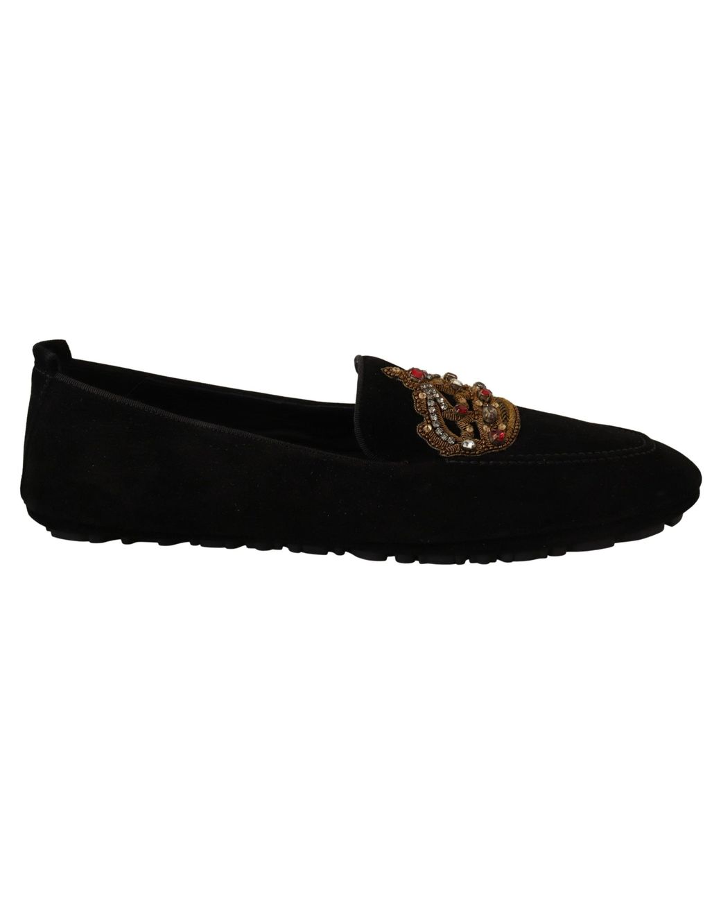 Dolce & Gabbana Black Dolce Gabbana Leather Crystal Gold Crown Loafers Shoes for men