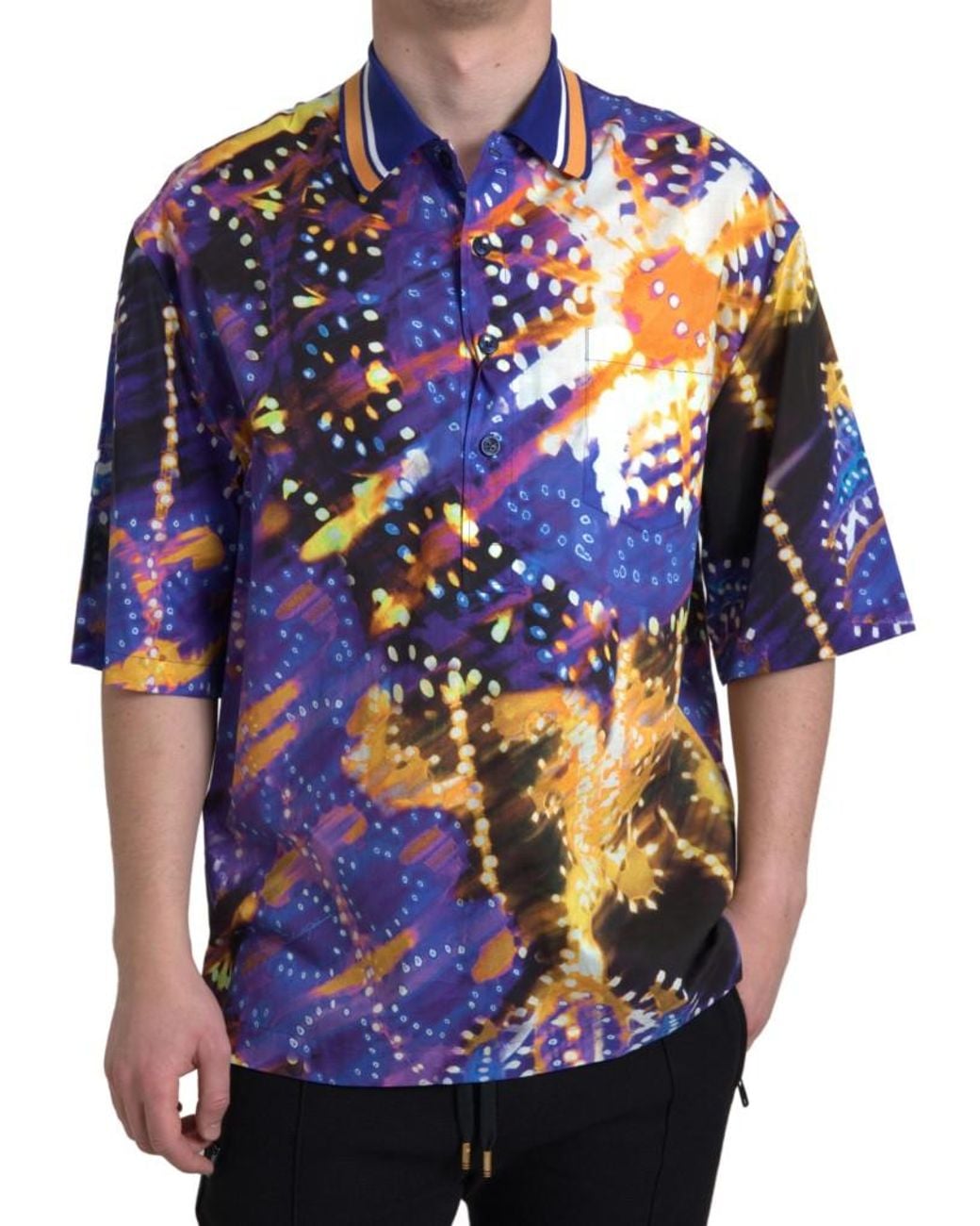 Dolce & Gabbana Blue Luminaire Print Cotton Polo Top Men Shirt for men