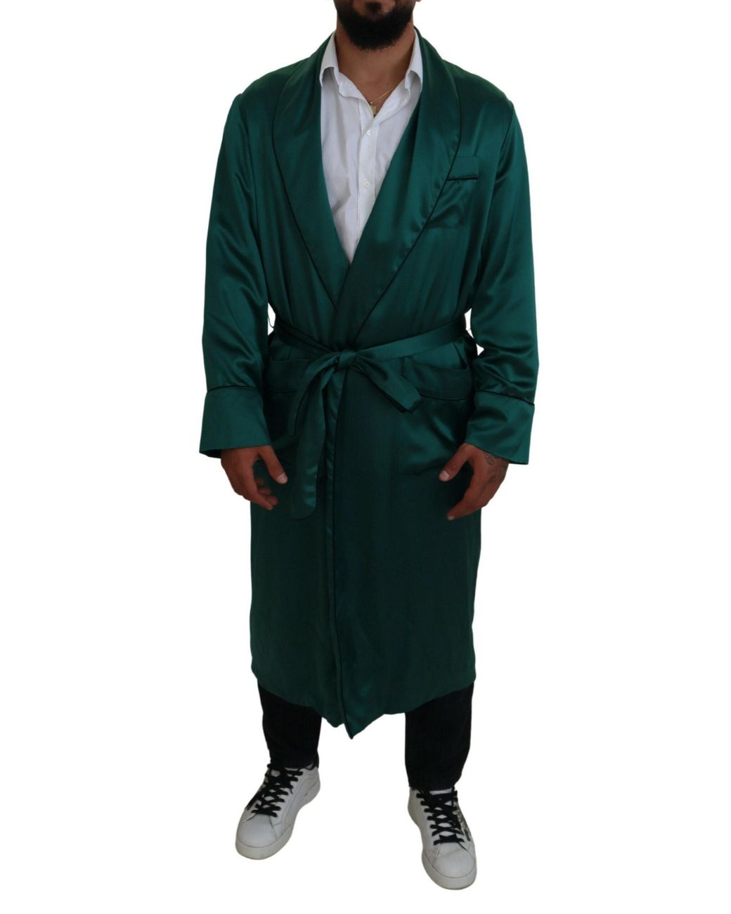 Dolce & Gabbana Green Silk Waist Belt Robe Sleepwear for men