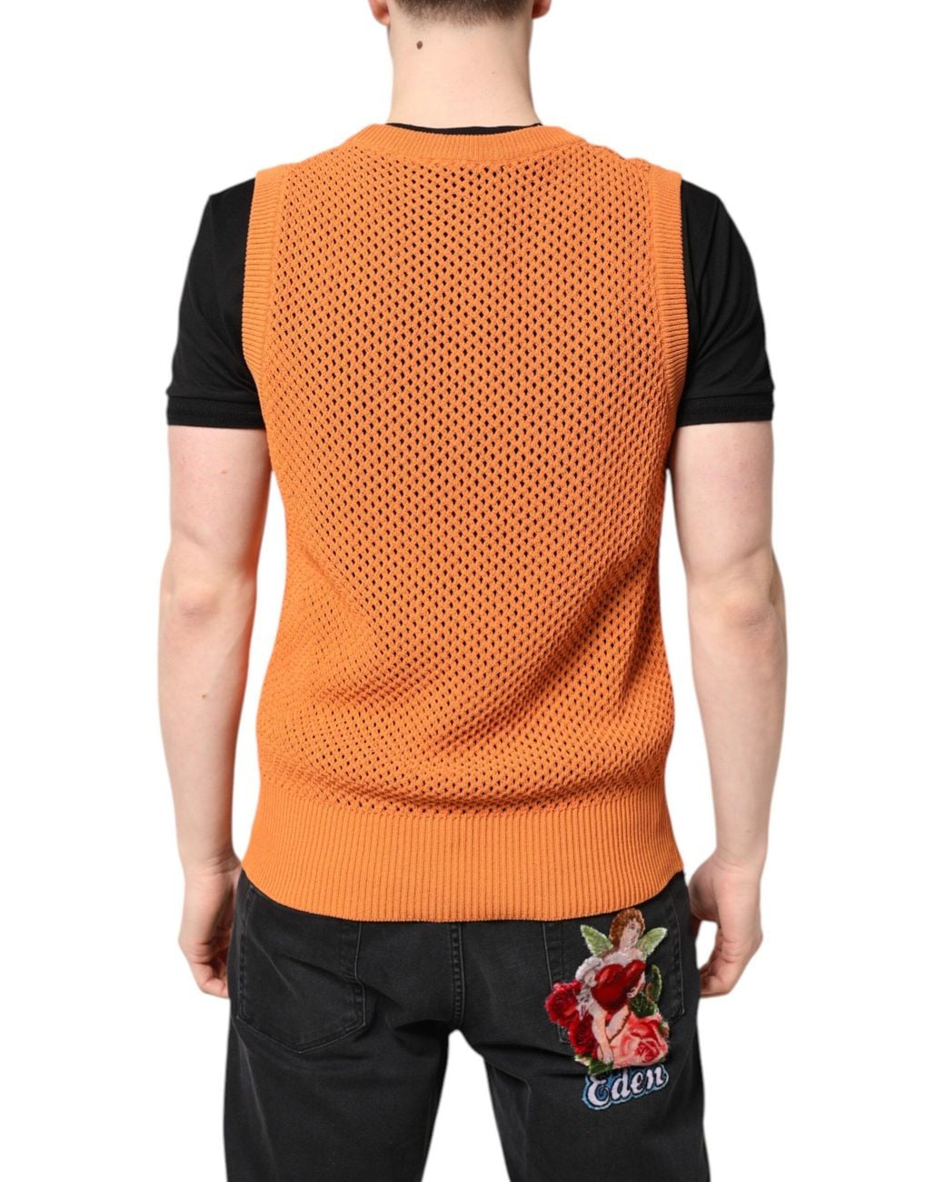 Dolce & Gabbana Black Orange Cashmere Round Neck Sleeveless T for men