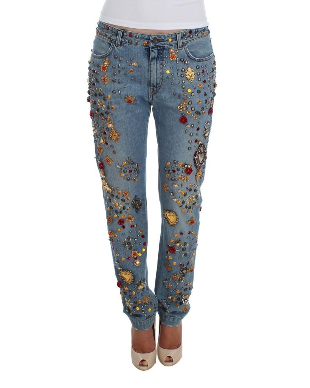 Dolce & Gabbana Blue Crystal Roses Heart Embellished Jeans