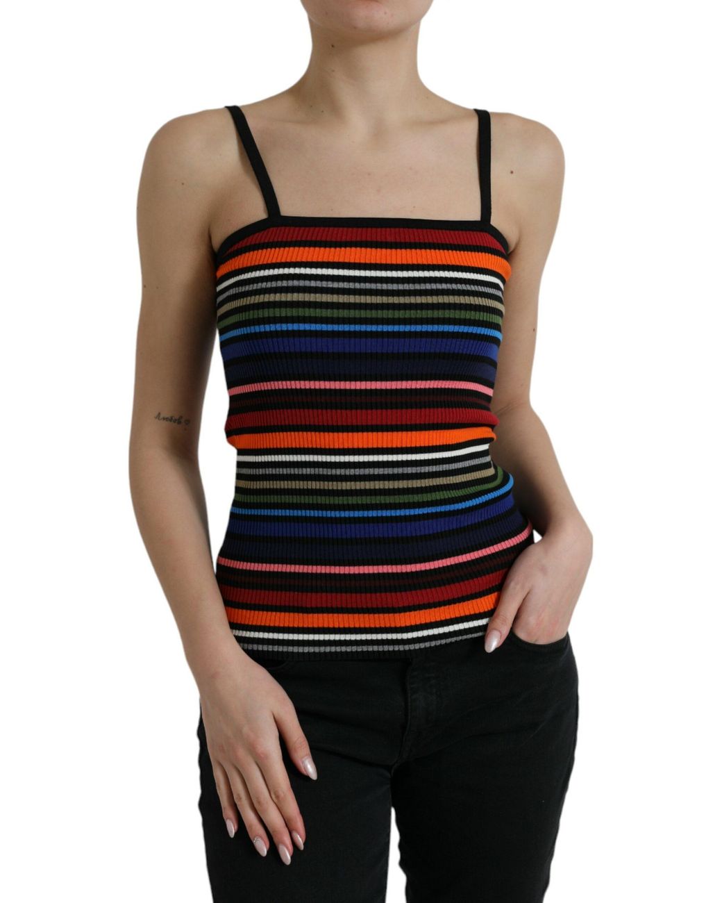Dolce & Gabbana Black Striped Cotton Blend Tank Top With Logo Detail