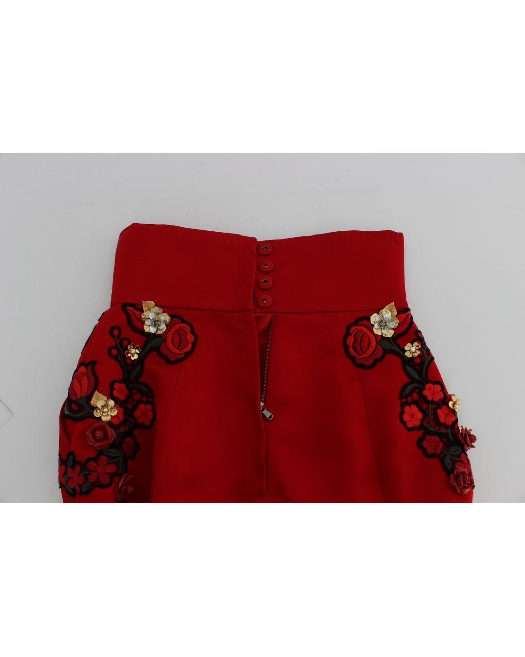 Dolce & Gabbana Red Silk Crystal Roses Shorts