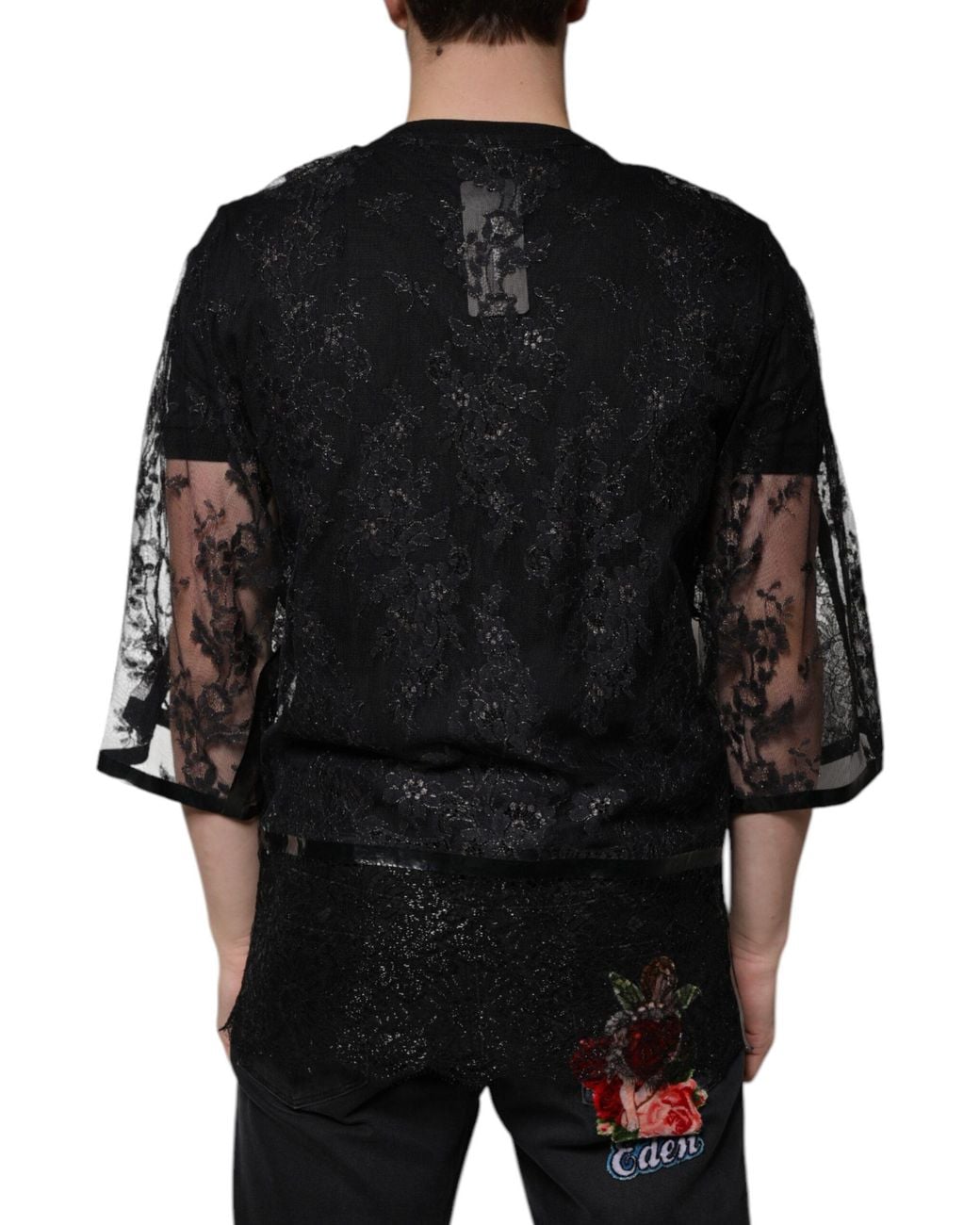 Dolce & Gabbana Black Nylon Floral Lace Crew Neck T-Shirt for men