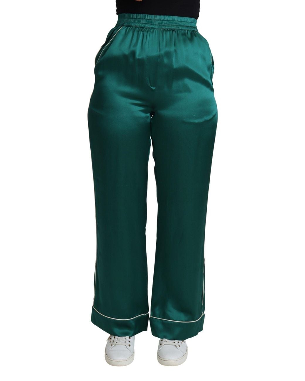 Dolce & Gabbana Green High Waist Pajama Trouser Silk Pant