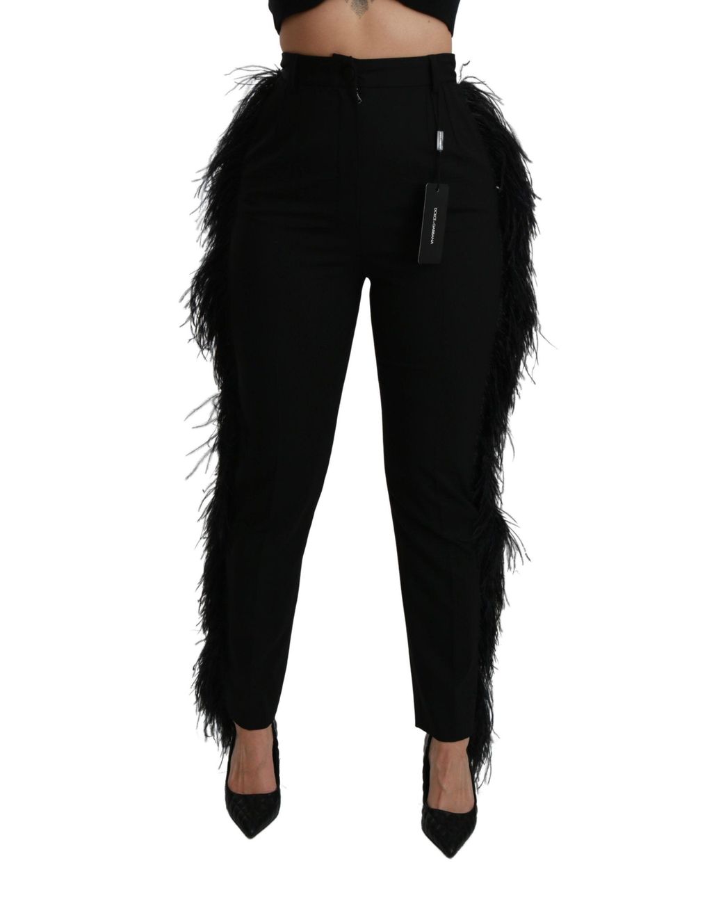Dolce & Gabbana Black Feather Straight High Waist Wool Pants