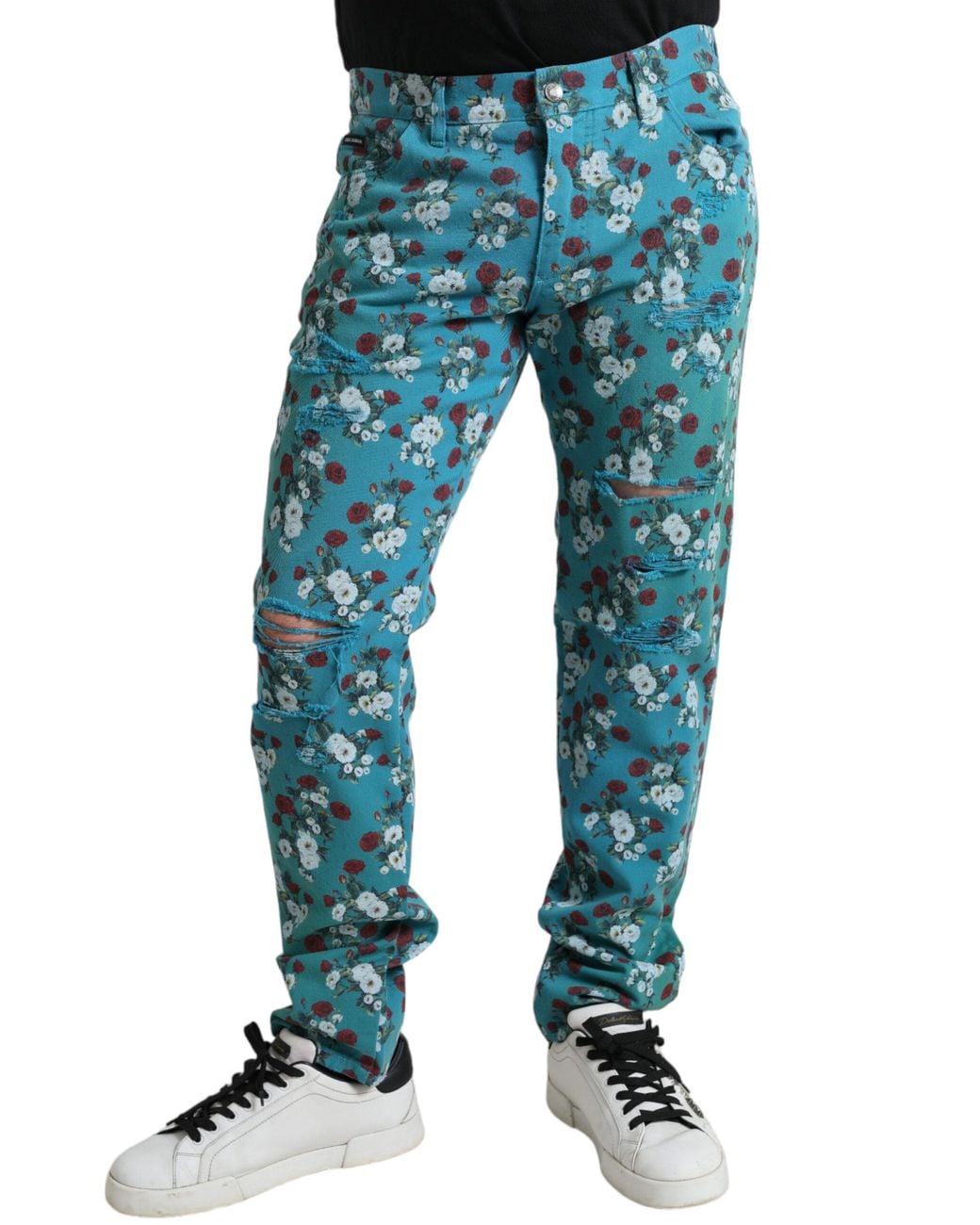 Dolce & Gabbana Blue Floral Print Skinny Cotton Denim Pants for men
