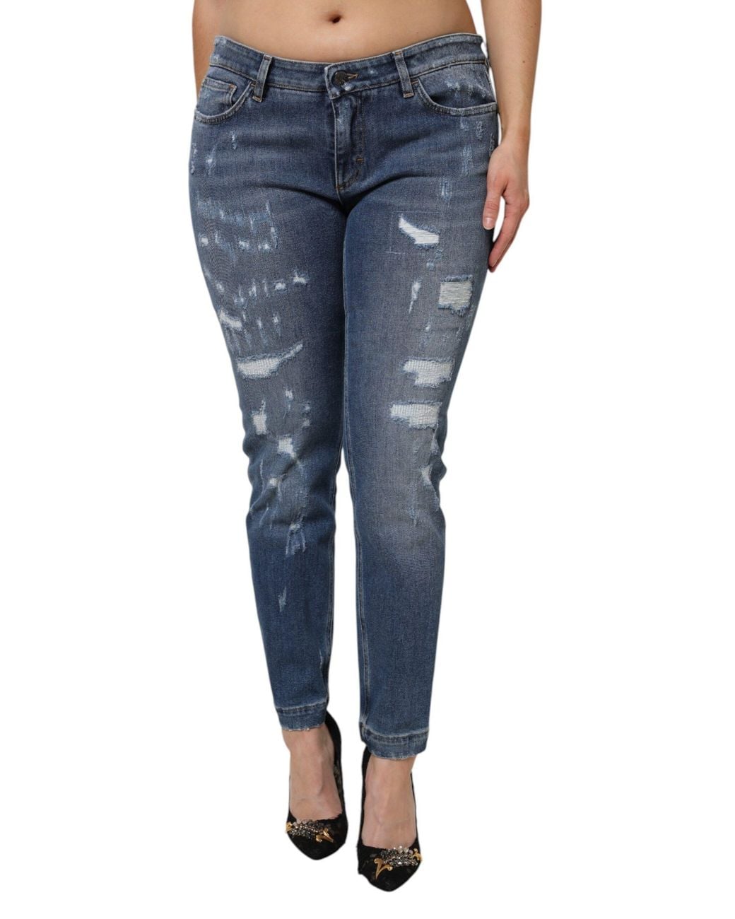 Dolce & Gabbana Blue Tattered Cotton Low Waist Denim Jeans